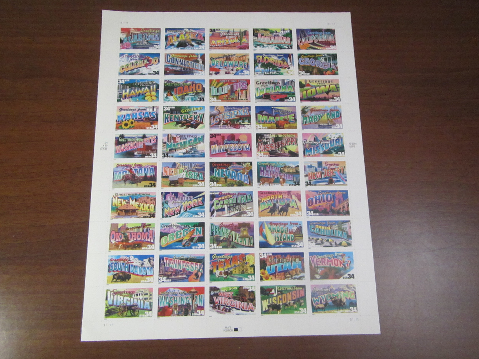 United States 34¢ 50 States Greeting Card Postage Stamps MNH Sheet
