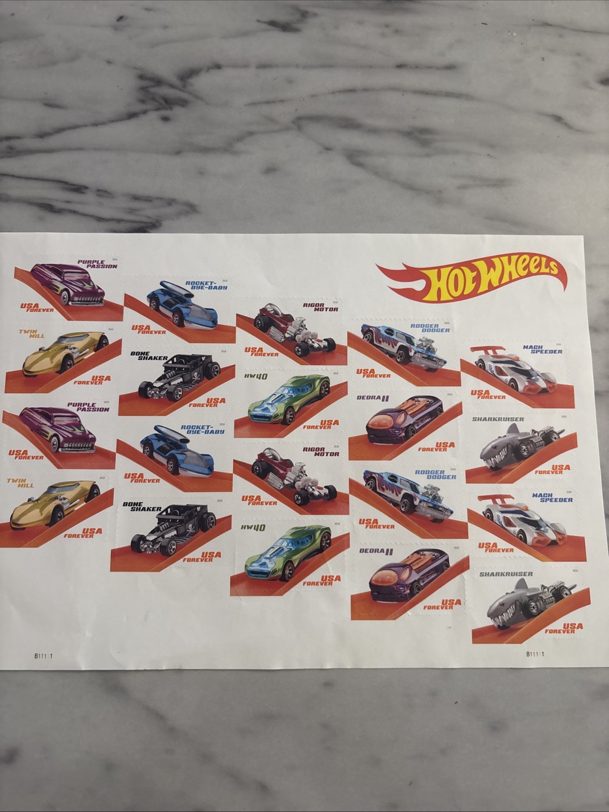 2018 Hot Wheels Forever USA Stamp Sheet Of 20, Multicolor