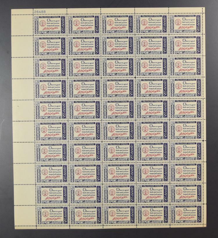 US SCOTT 1139 SHEET OF 50 CREDO GEORGE WASHINGTON STAMPS 4 CENT FACE MNH