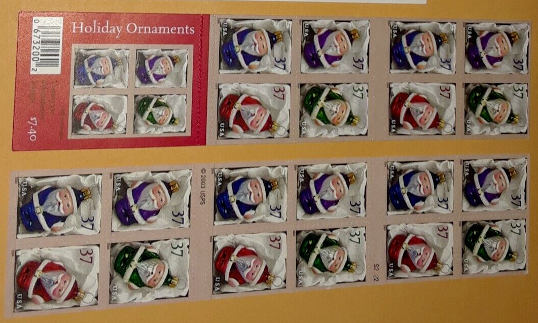 Booklets 20 = 40 of Holiday ORNAMENTS Christmas Santa 37¢ US Stamps. 3883-3886