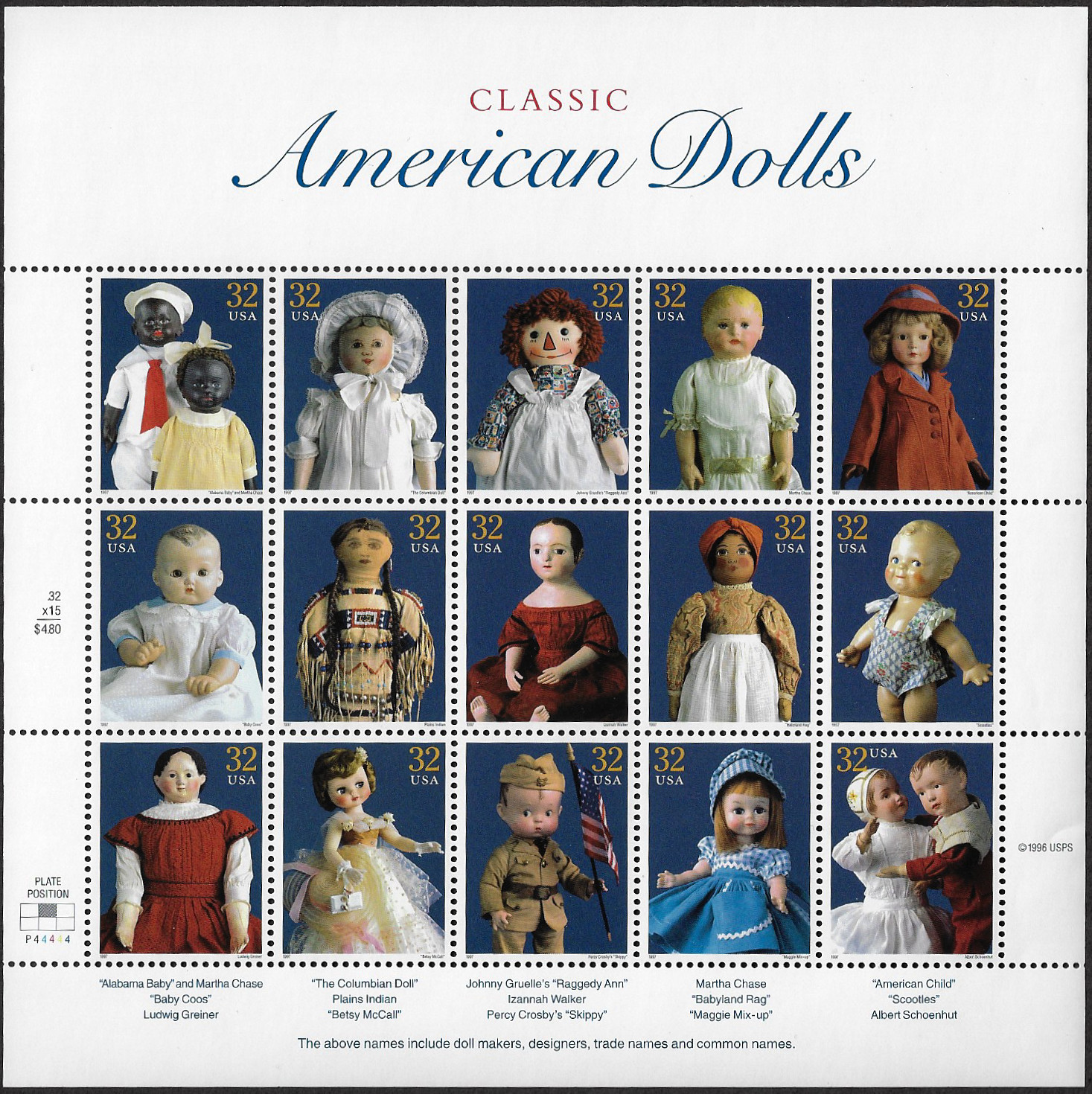 US Stamps Full Pane Of 15, Classic American Dolls, #3151 MNH – 2