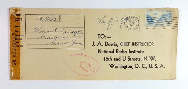 NATIONAL RADIO INSTITUTE 1943 WWII PANAMA CANAL ZONE STUDENT PAPER COVER STAMP