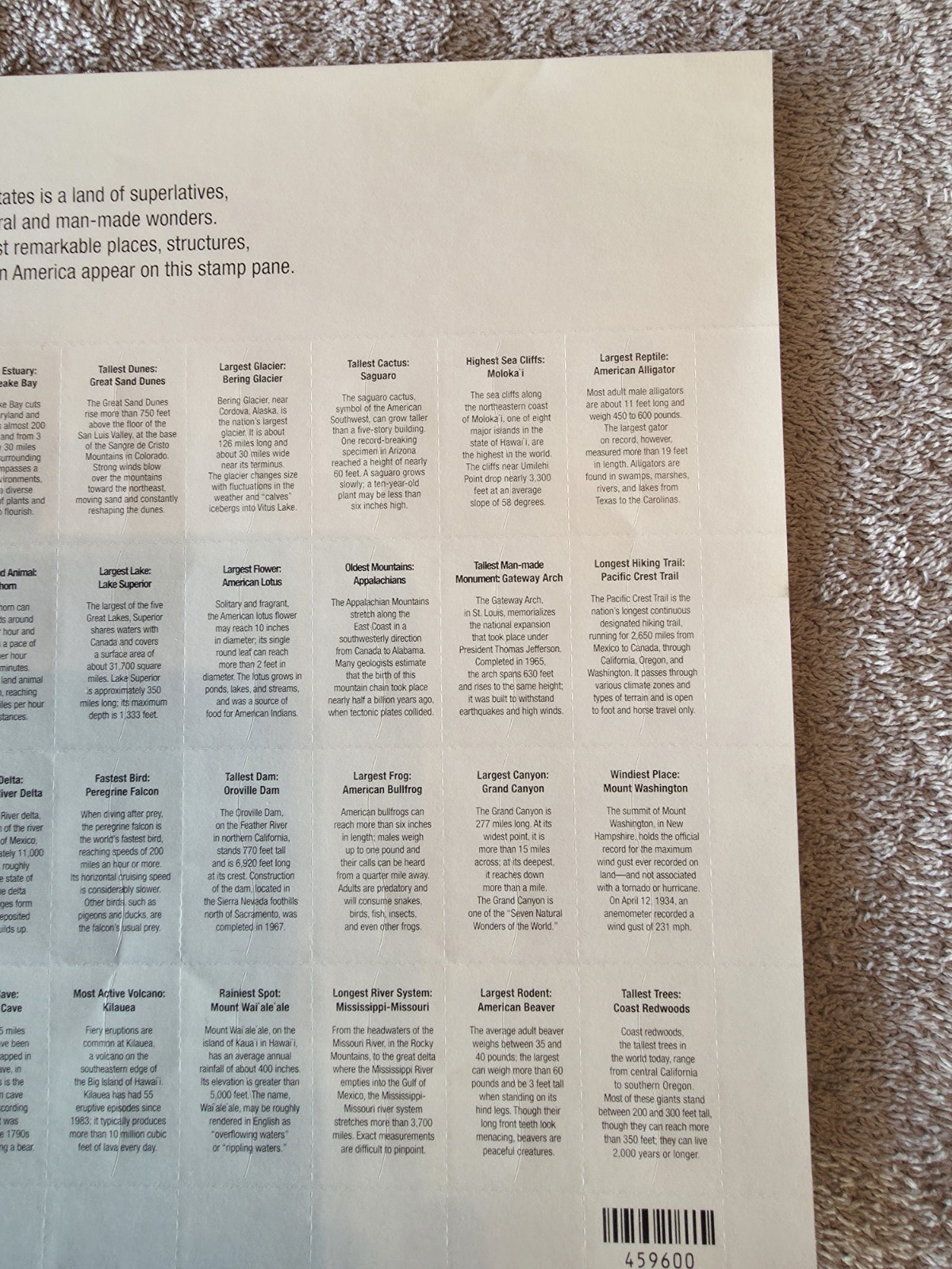 Lot – 2 USPS Stamps Sheets: WONDERS OF AMERICA 39¢ & GREETINGS FROM AMERICA 34¢