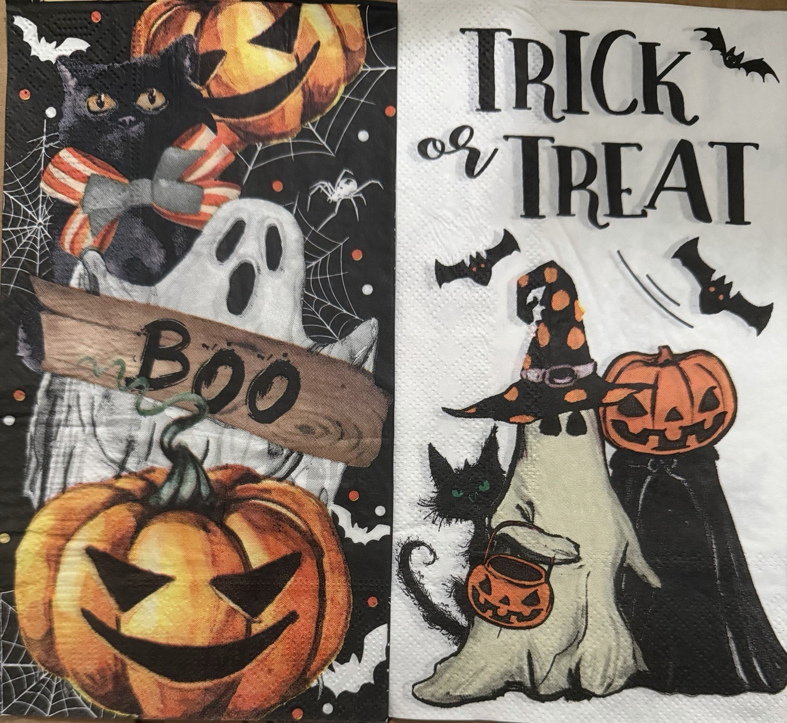 Two Individual dinner Decoupage Napkins/Halloween/Ghosts/pumpkins/web/orange/BOO