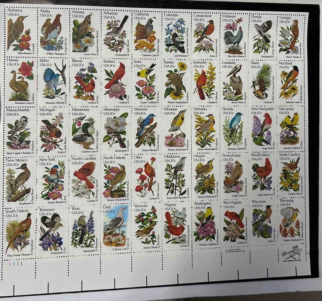 * 1981 PANE OF 50 STATE BIRDS AND FLOWERS – 20 CENT Denomination