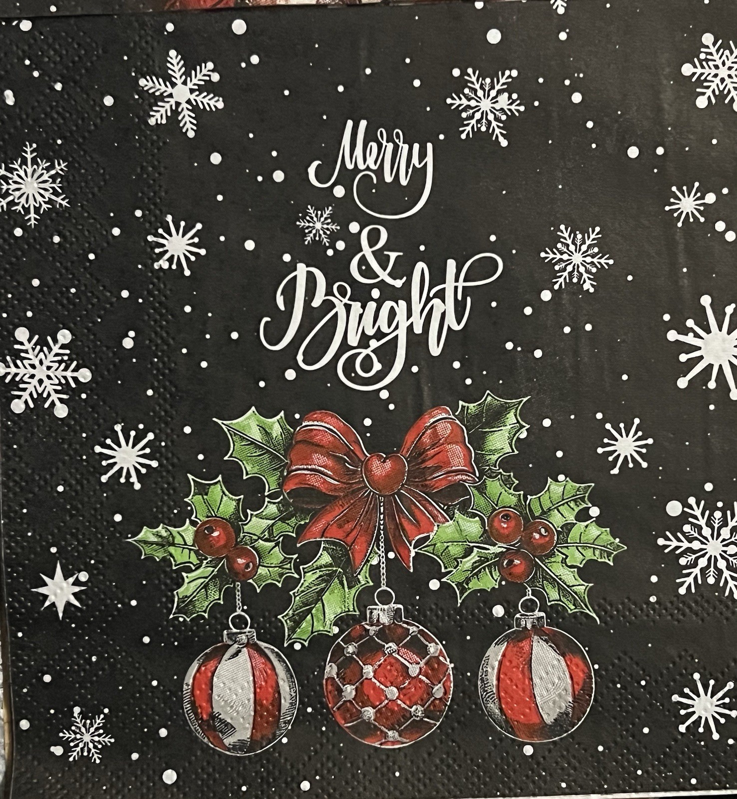 FOUR Beverage Paper Decoupage napkins Christmas Merry & Bright Snowflakes Balls