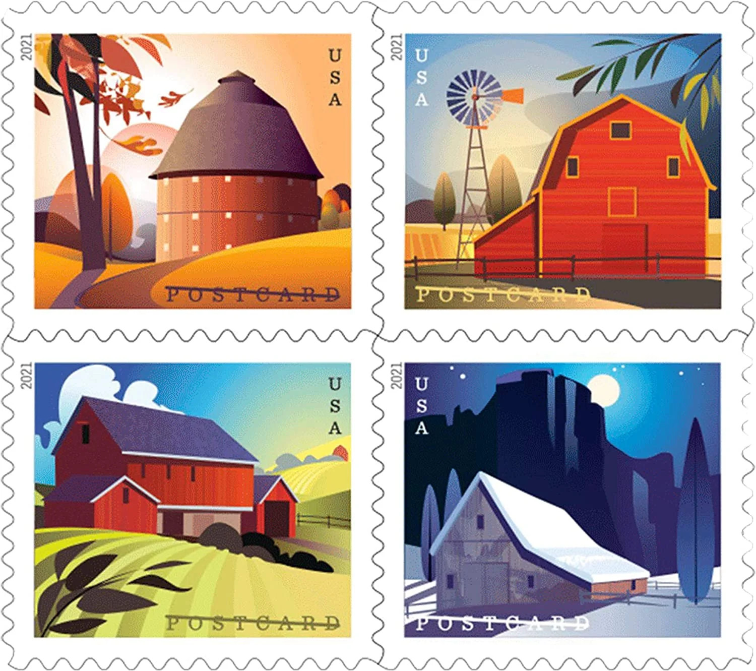 USPS Barn POSTCARD 2021 Forever Postage Stamps – Sheet of 20 Postage Stamps