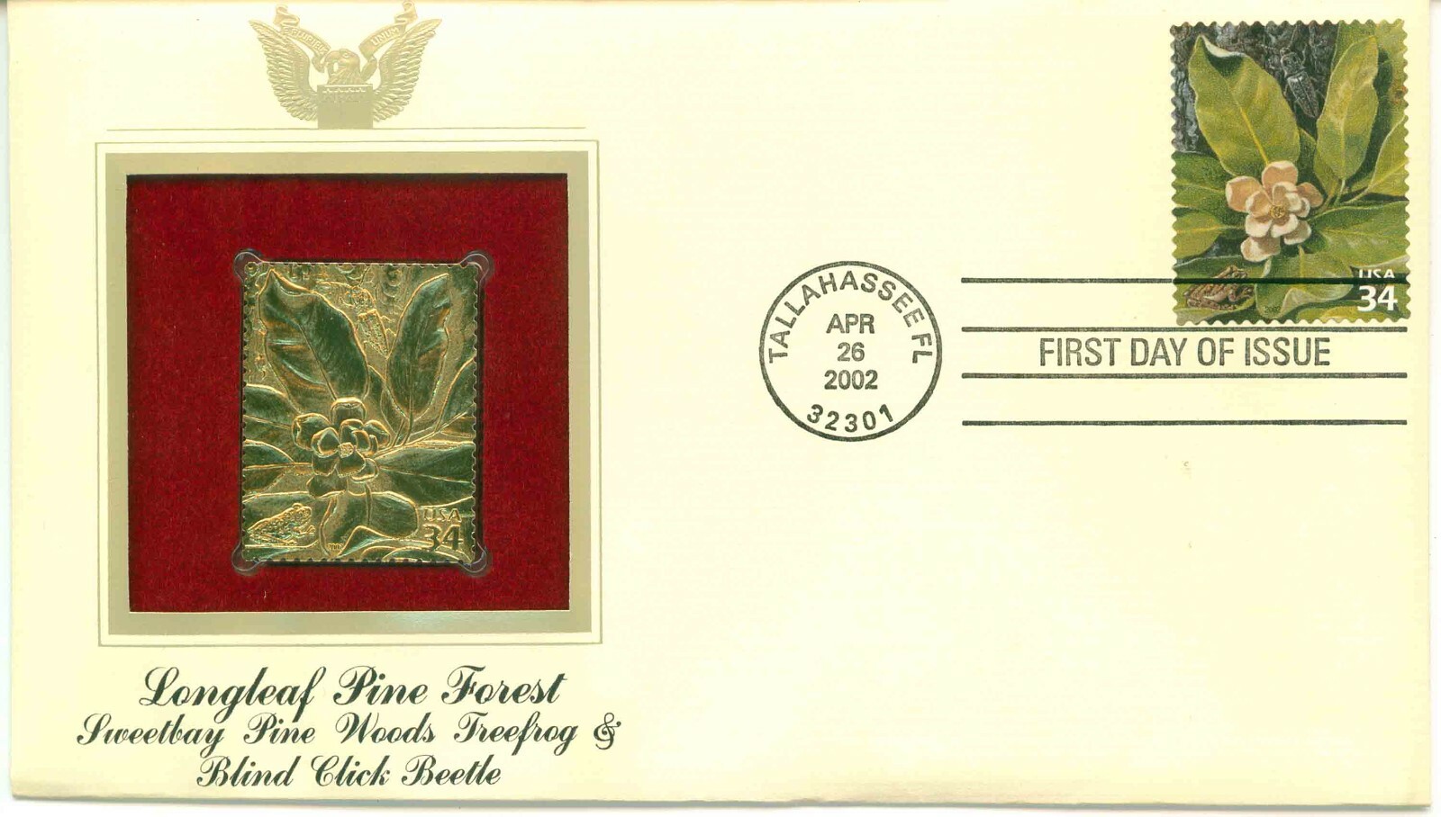 First Day Of Issue Apr 26 2002 Tallahassee FL 22kt Gold Replica Treefrog Beetle