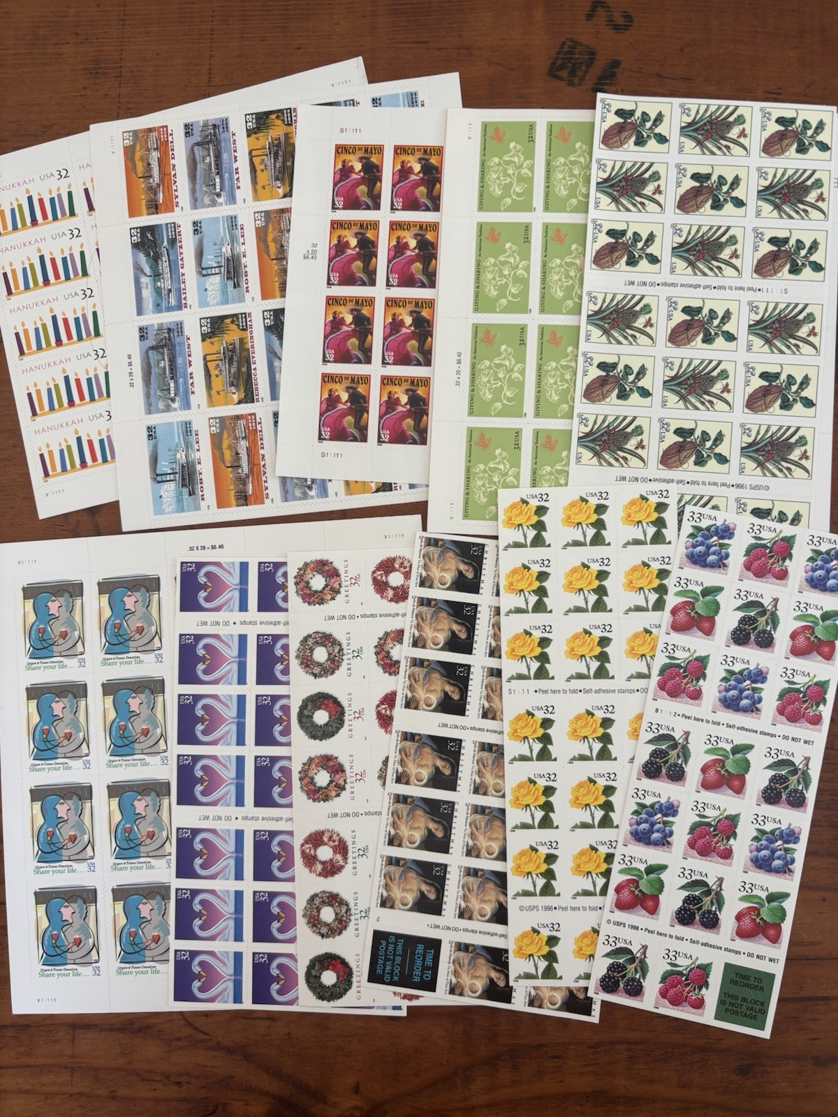 5 Sheets Colorful Assorted Mixed Design 32-37¢ US Postage Stamps, Never Expire