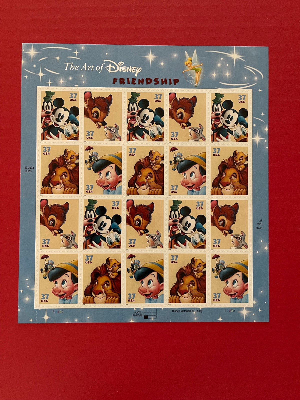 USA 37 Cent Art of Disney FRIENDSHIP Postage Stamps, Full Sheet of 20 MNH