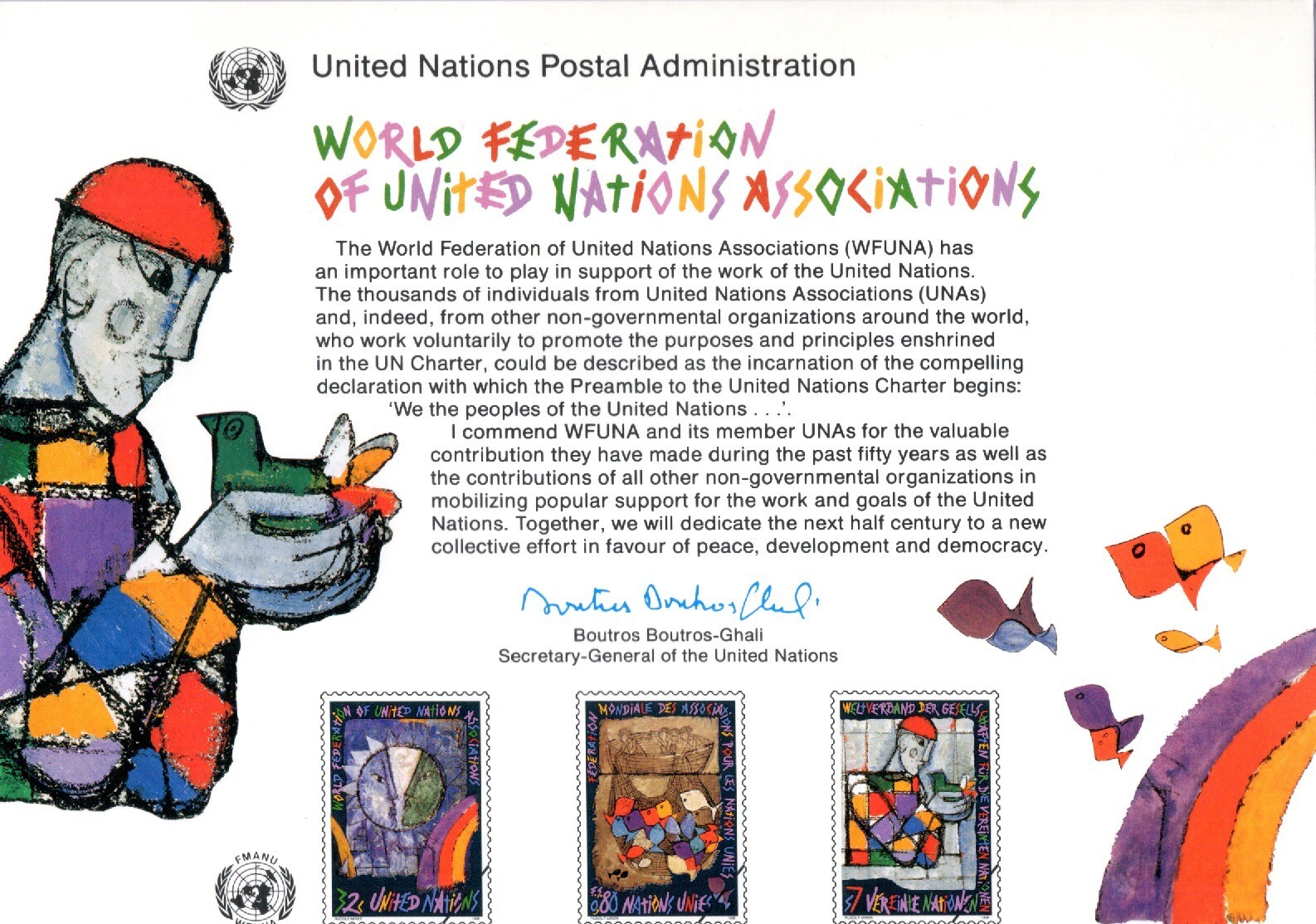 Printed Stamps Postcard World Federation Of United Nations Associations 1996 NEW