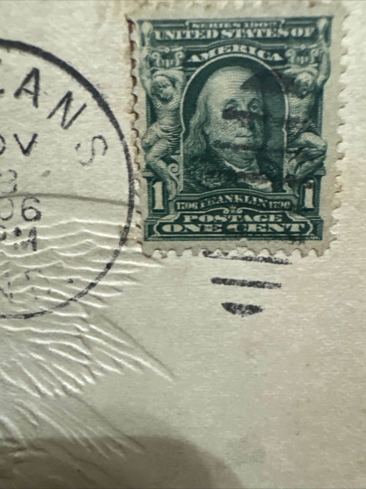 VTG 1706 FRANKLIN 1Cent Stamp POSTAGE Card, Circulated OOAK POSTMARK 1906 Rare