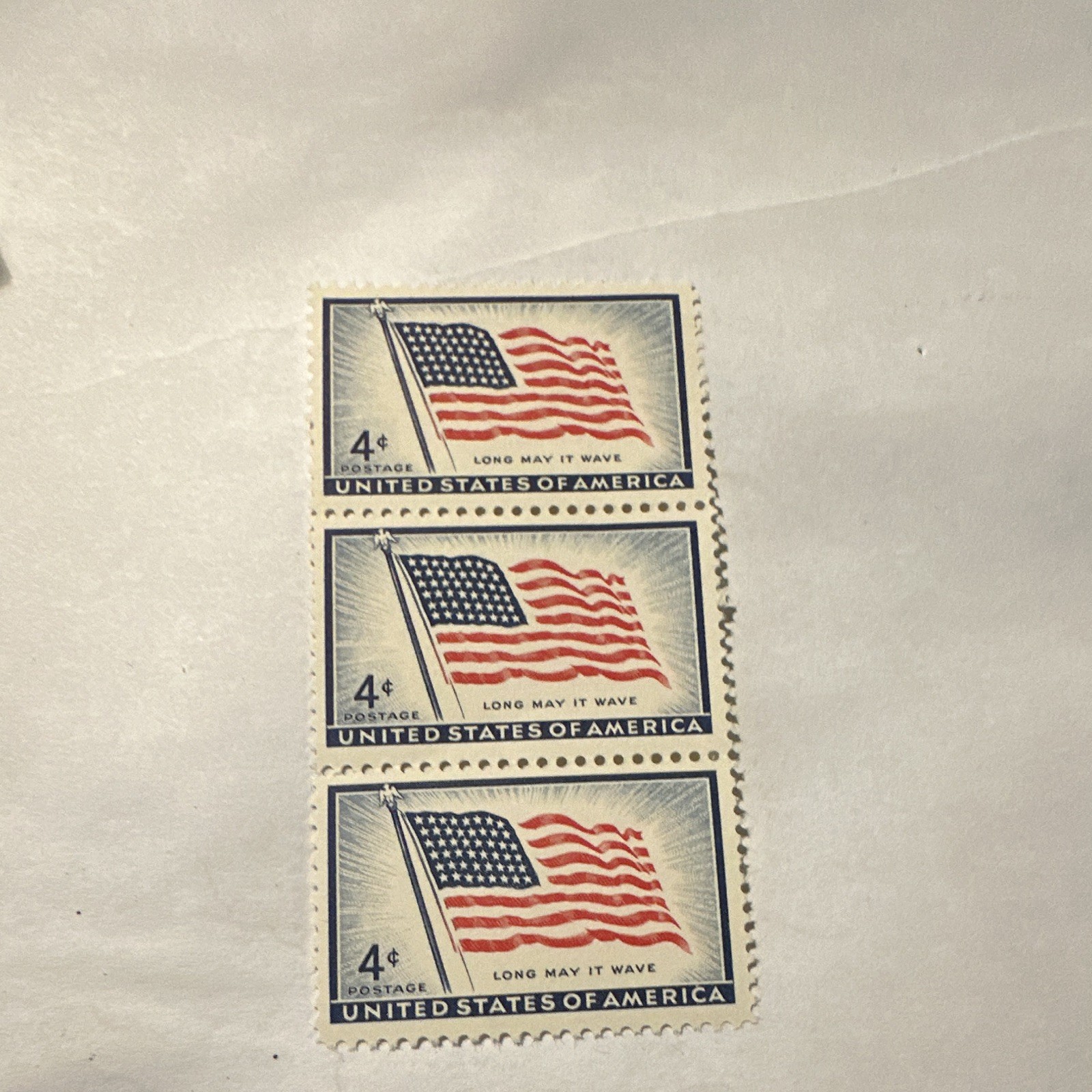 US 4¢ “Long May It Wave” American Flag Strip of 3 Stamps, 12¢ Face Value