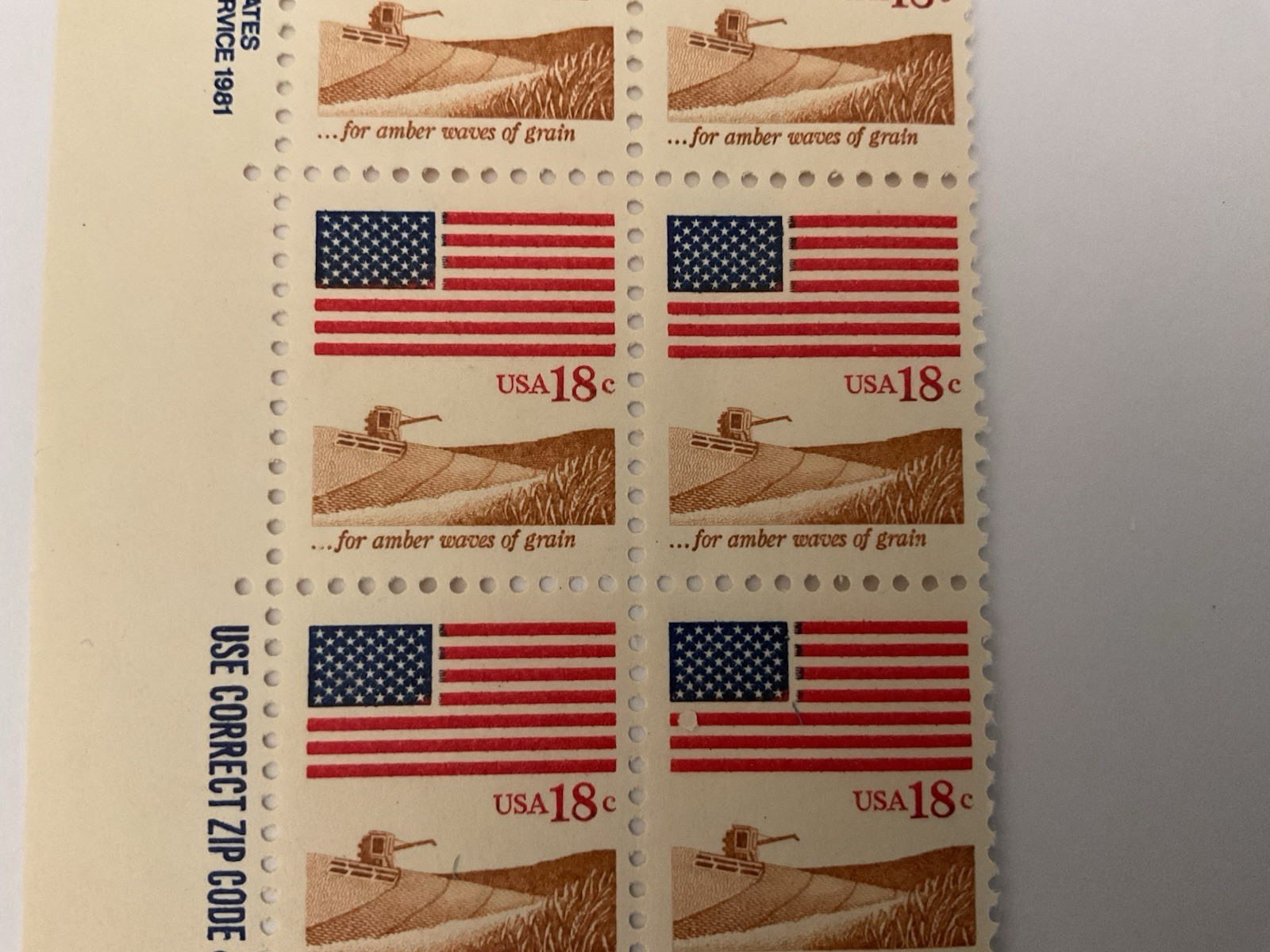 2- Rare Vintage 1981 American Flag MISTAKE STAMPS .19 Cents Two Strips 40 Stamps