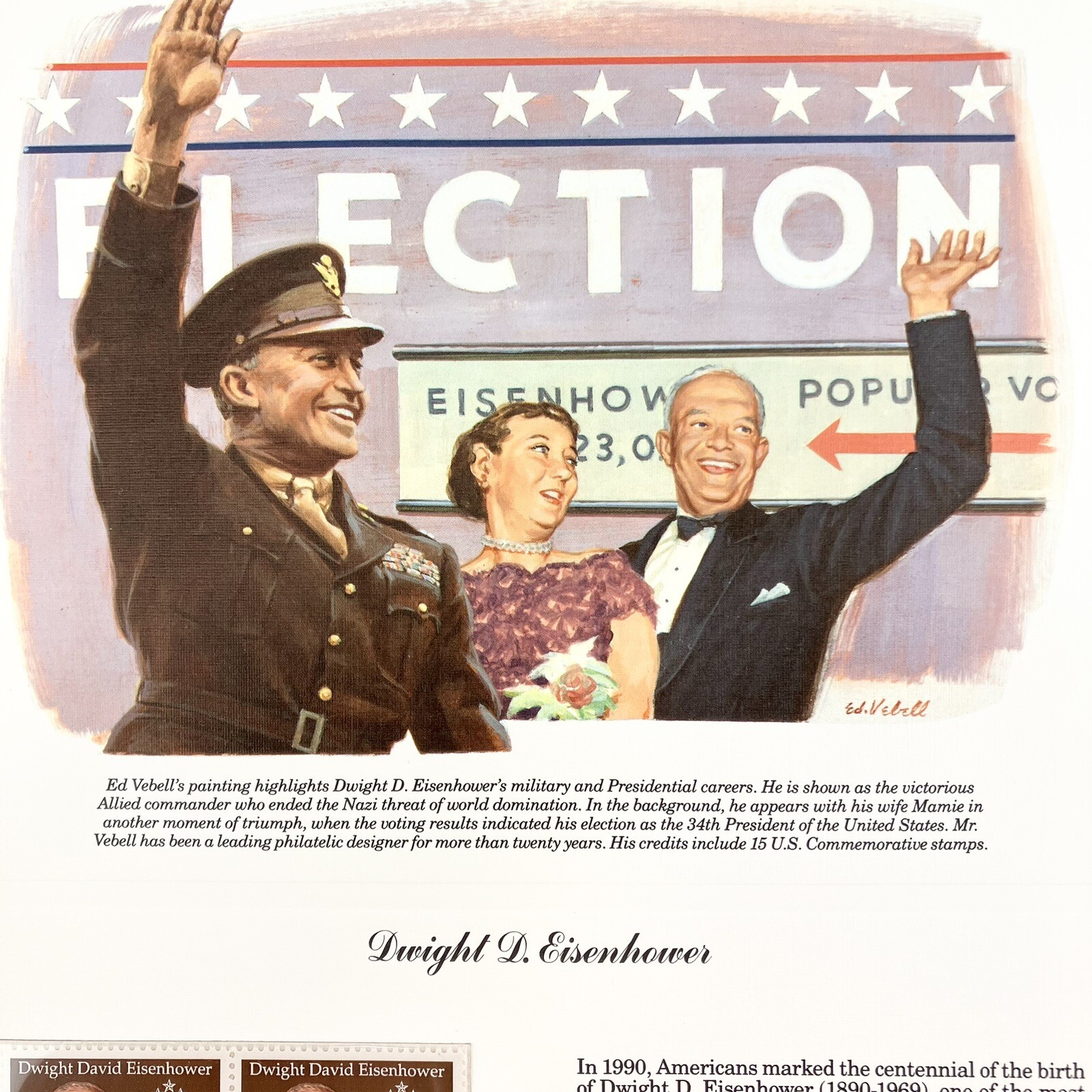 Ed Vebell Dwight D. Eisenhower Postage Stamp Art USPS Farmable Gift 1990