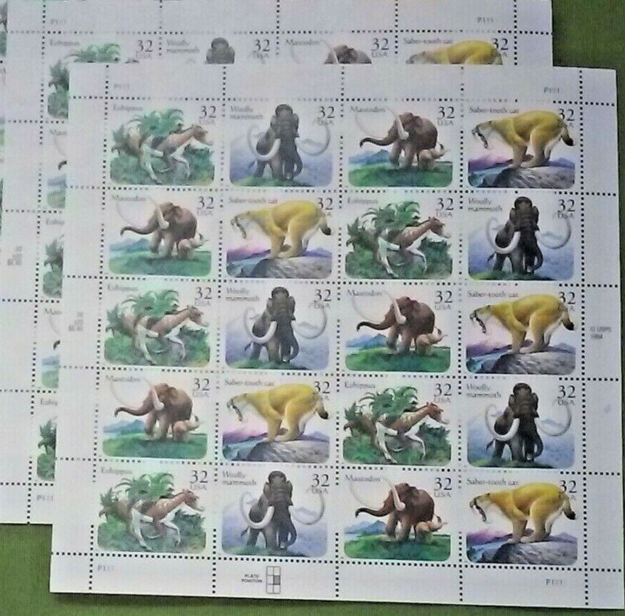 Four Sheets x 20 = 80 of PREHISTORIC ANIMALS 32¢ US Stamps. USA Sc # 3077-3080