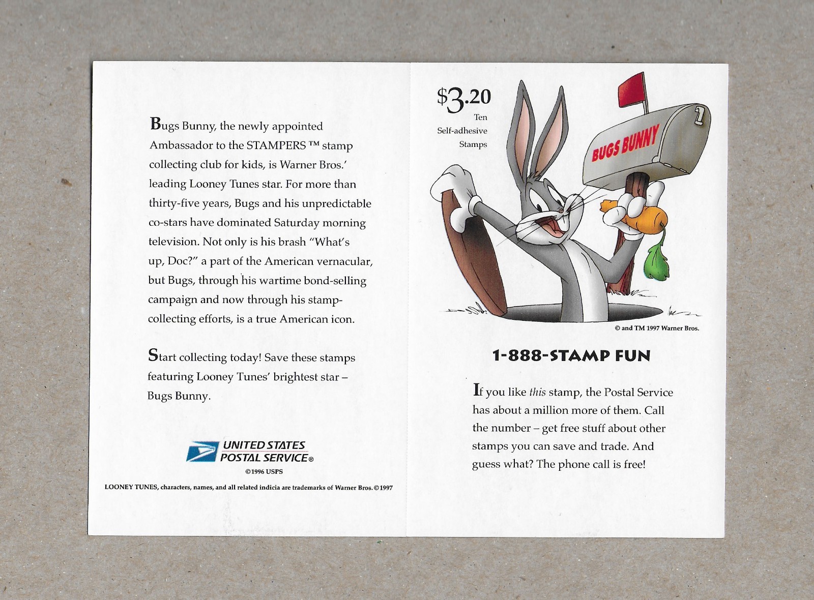 1997 Bugs Bunny Pane of 10 32¢ Stamps Scott #3137