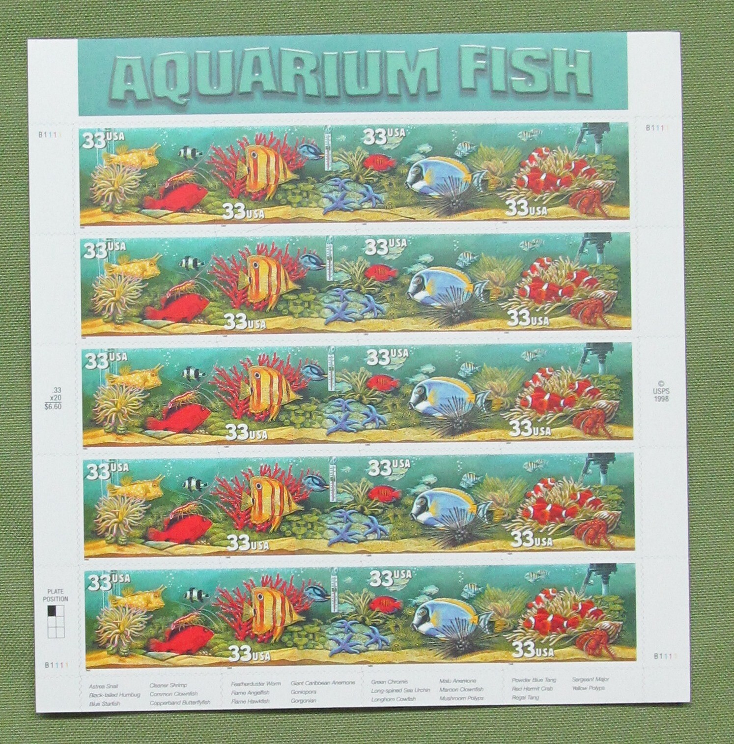 Four Sheets x 20 = 80 of AQUARIUM FISH 33¢ US Postage Stamps. USA Sc # 3317-3320