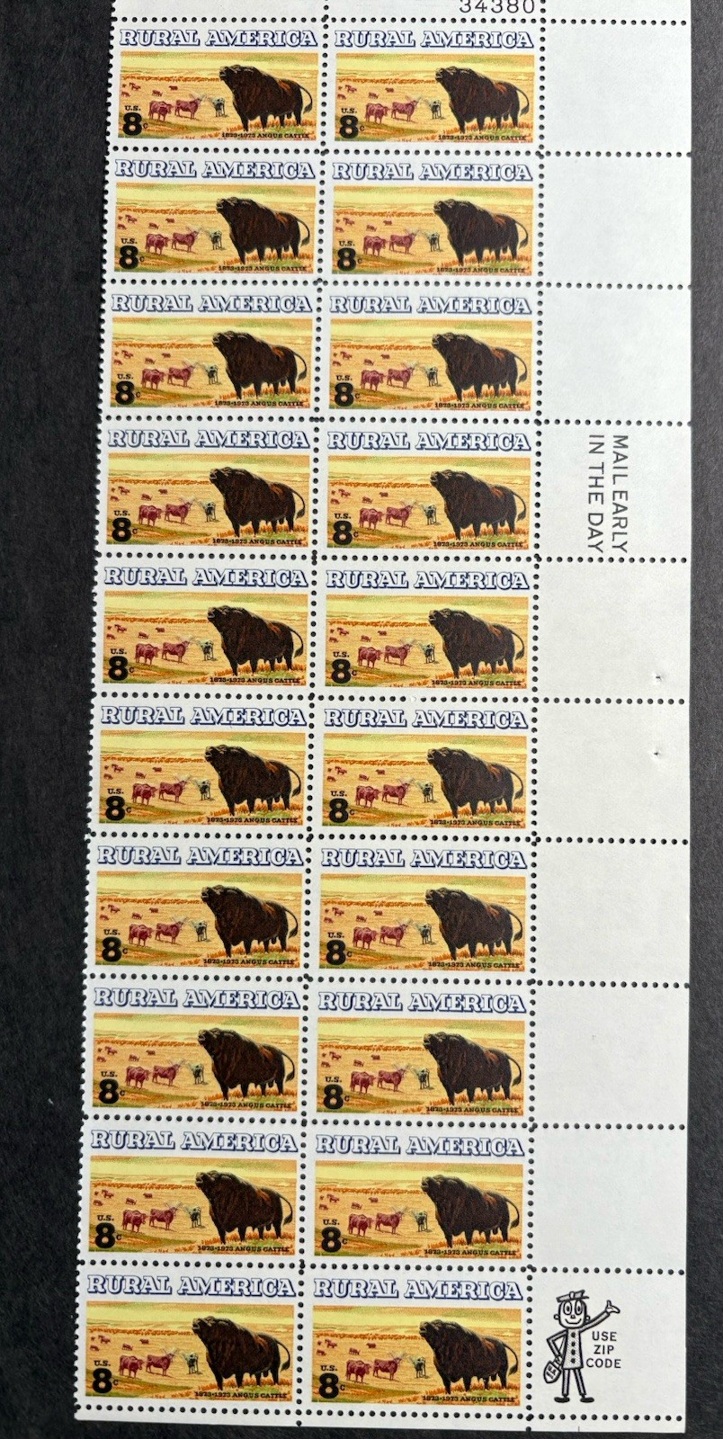 1973 US Scott #1504, 8c Rural America: Angus Cattle Stamps, MNH Block of 20