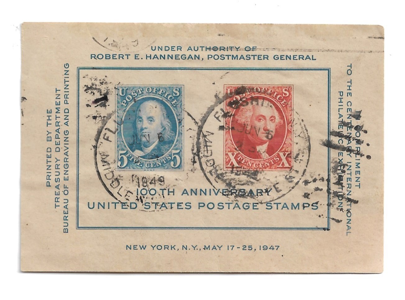 1947 USA 100th Anniversary United States Postage Stamps souvenir sheet – 1949