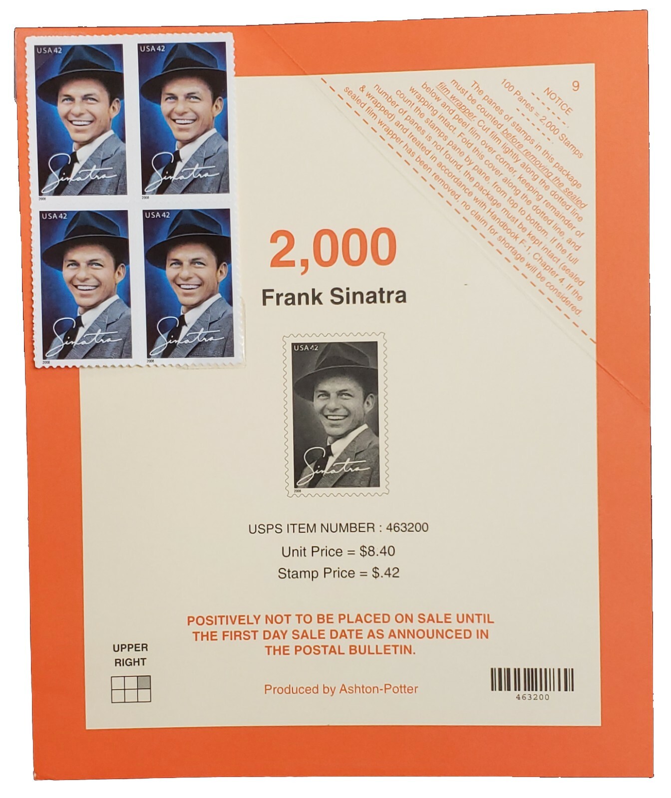 #4265 42c Sinatra Stamps on Rare Brick Cover Card + Sheet 20 MNH stamps 2008