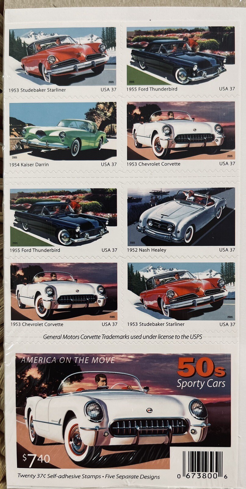2005 US AMERICA ON THE MOVE 50’s SPORT CARS 2 PANES /BOOKLETS OF 20 STAMPS 37c