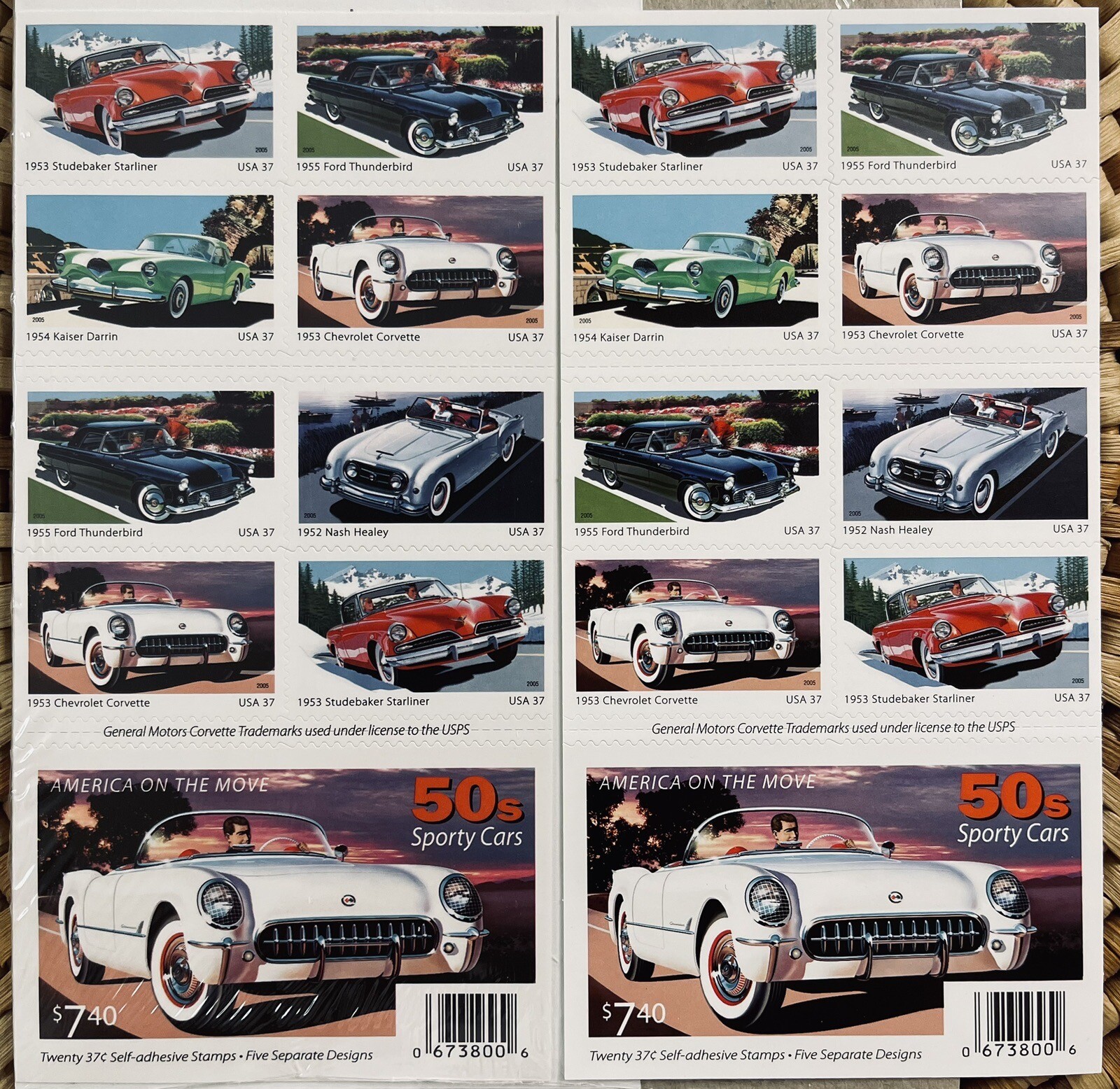 2005 US AMERICA ON THE MOVE 50’s SPORT CARS 2 PANES /BOOKLETS OF 20 STAMPS 37c