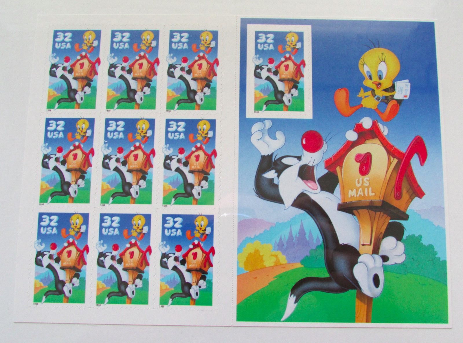 USPS Sylvester The Cat Tweety Bird Complete Sheet 1998 32 Cent Stamps Set of 10