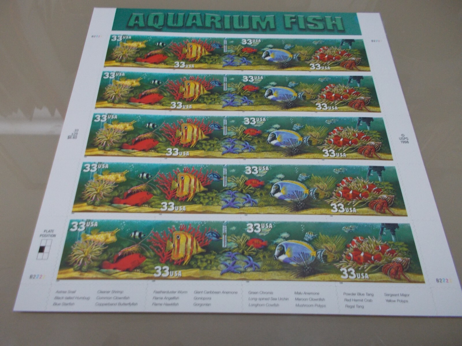 #3317-20 AQAURIUM FISH 20 33 CENT STAMPS 1998/1999 MNH Free Shipping