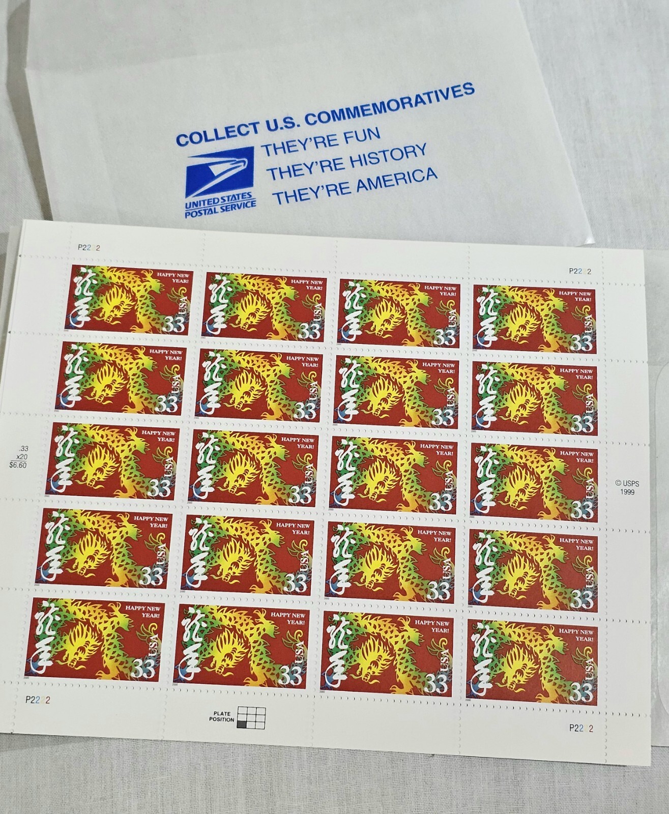USPS Lunar New Year Dragon US Stamps Full Pane 20 Stamps 33 Cents 1999 MIP