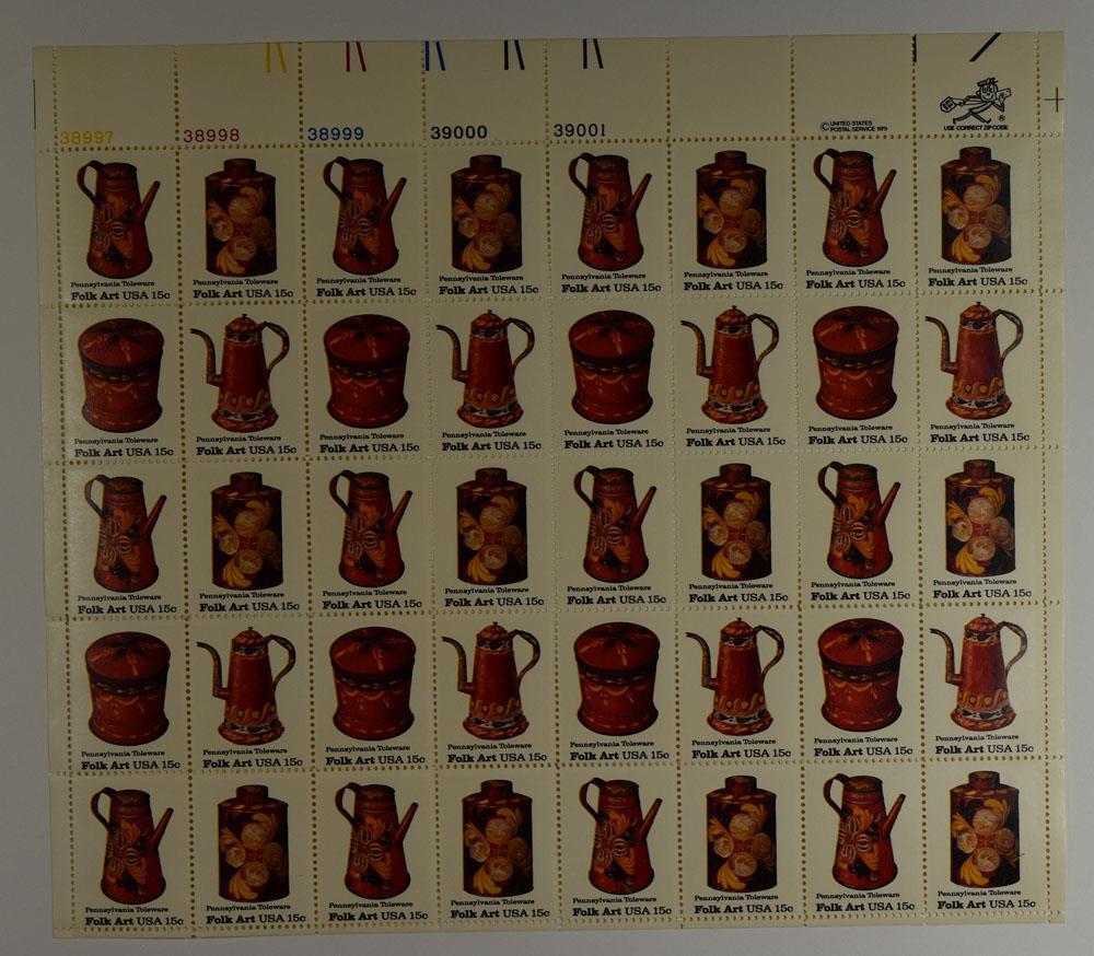 US SCOTT 1775-78 PANE OF 40 FOLK ART STAMPS 15 CENT FACE MNH