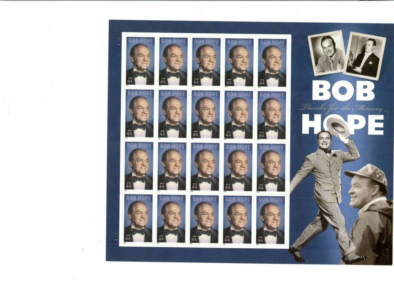 One Sheet x 20 Stamps of “G.I” BOB HOPE 44¢ US PS Postage Stamps. Scott # 4406