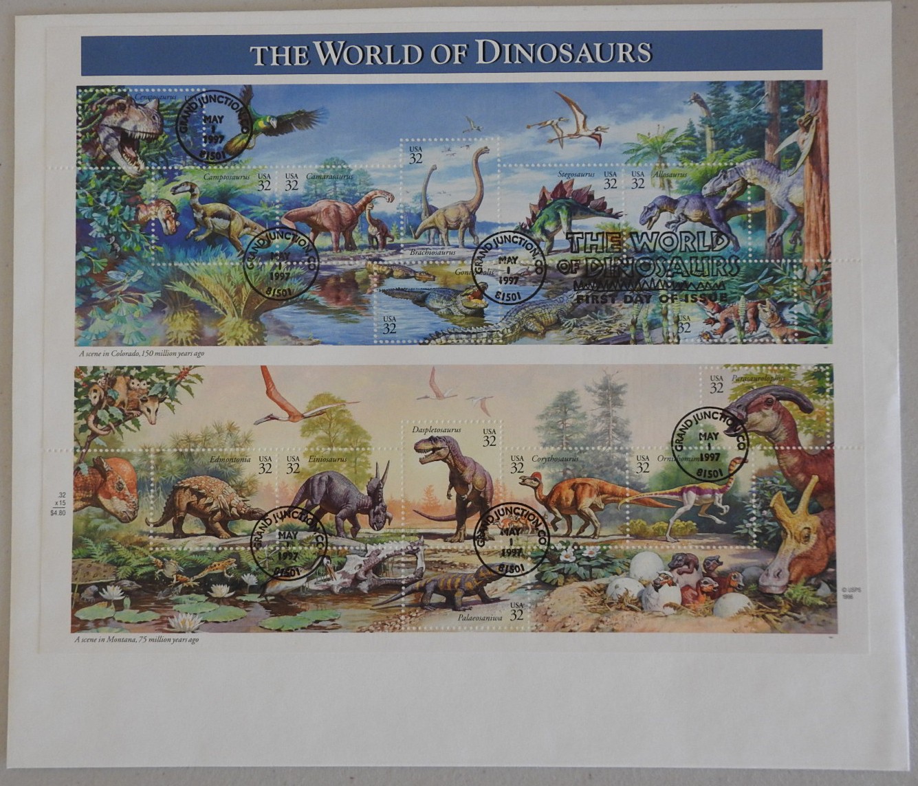 The World of Dinosaurs 32 Cents First Day of Issue Pane of 15 Stamps x 2