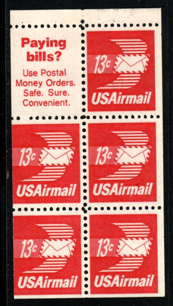US Stamps – 13 cent Airmail Winged Envelope Booklet Pane (SC# C79a) MNH