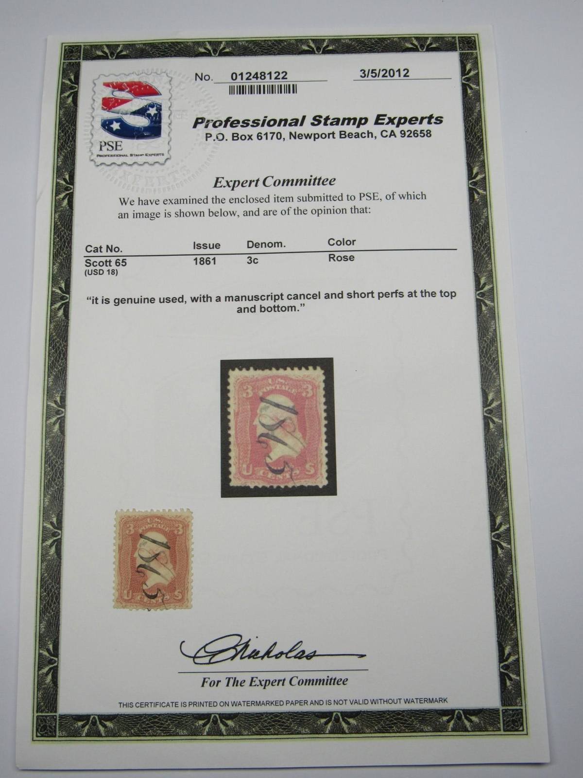 PSE Certified Stamp! 1861 U.S. POSTAGE 3¢ with a Manucscript Stamps STP-07-IB