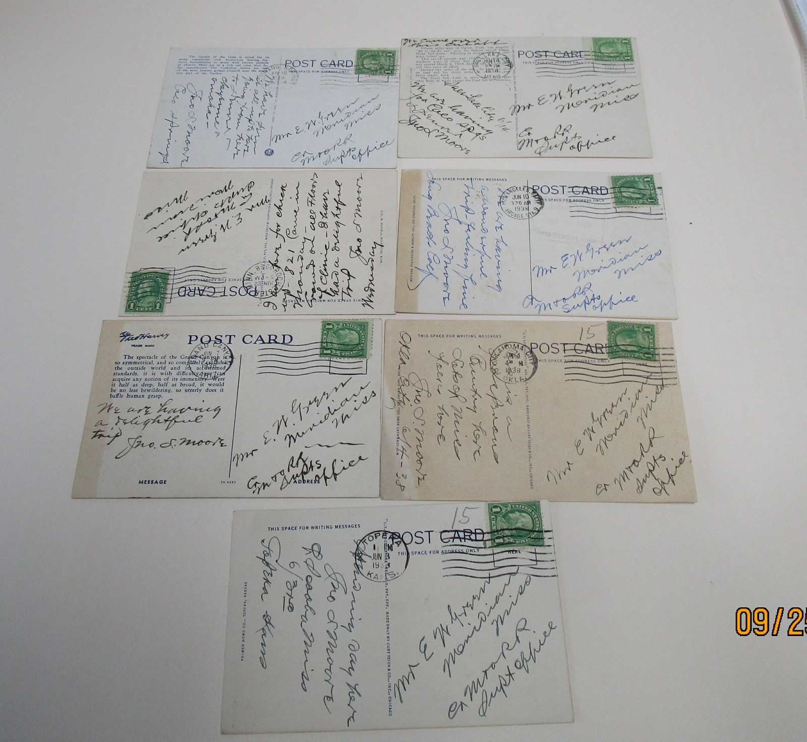 BENJAMIN 1 CENT STAMP POSTCARDS 7 LOT POSTMARKED 1938 STAMP EPHEMERA