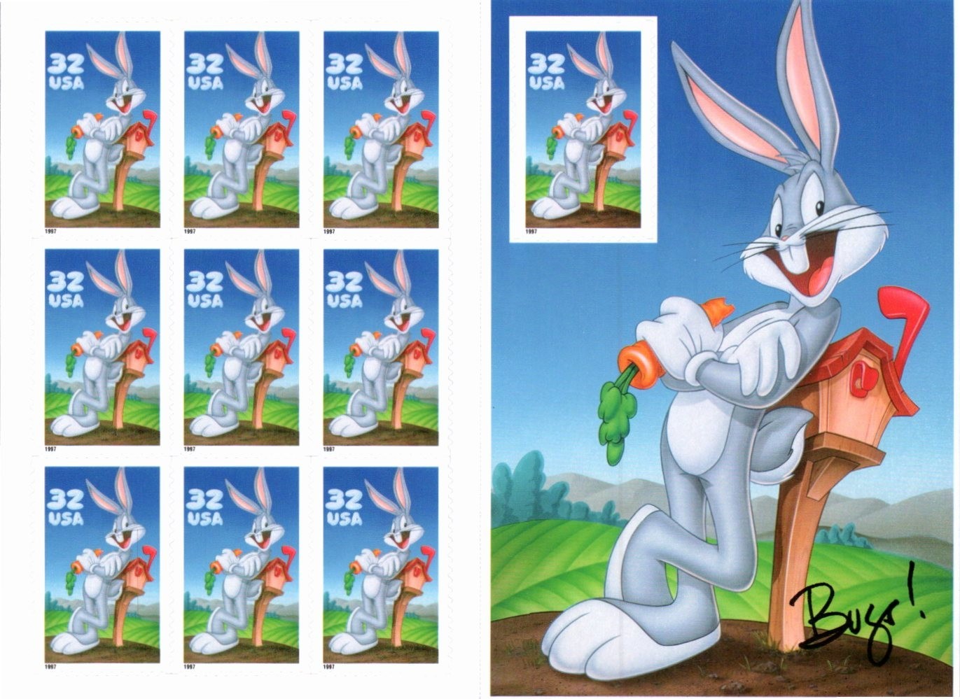 Scott#: 3137 – Bugs Bunny 10×32¢ 1997 Avery self-adhesive pane of 10 – Lot 8