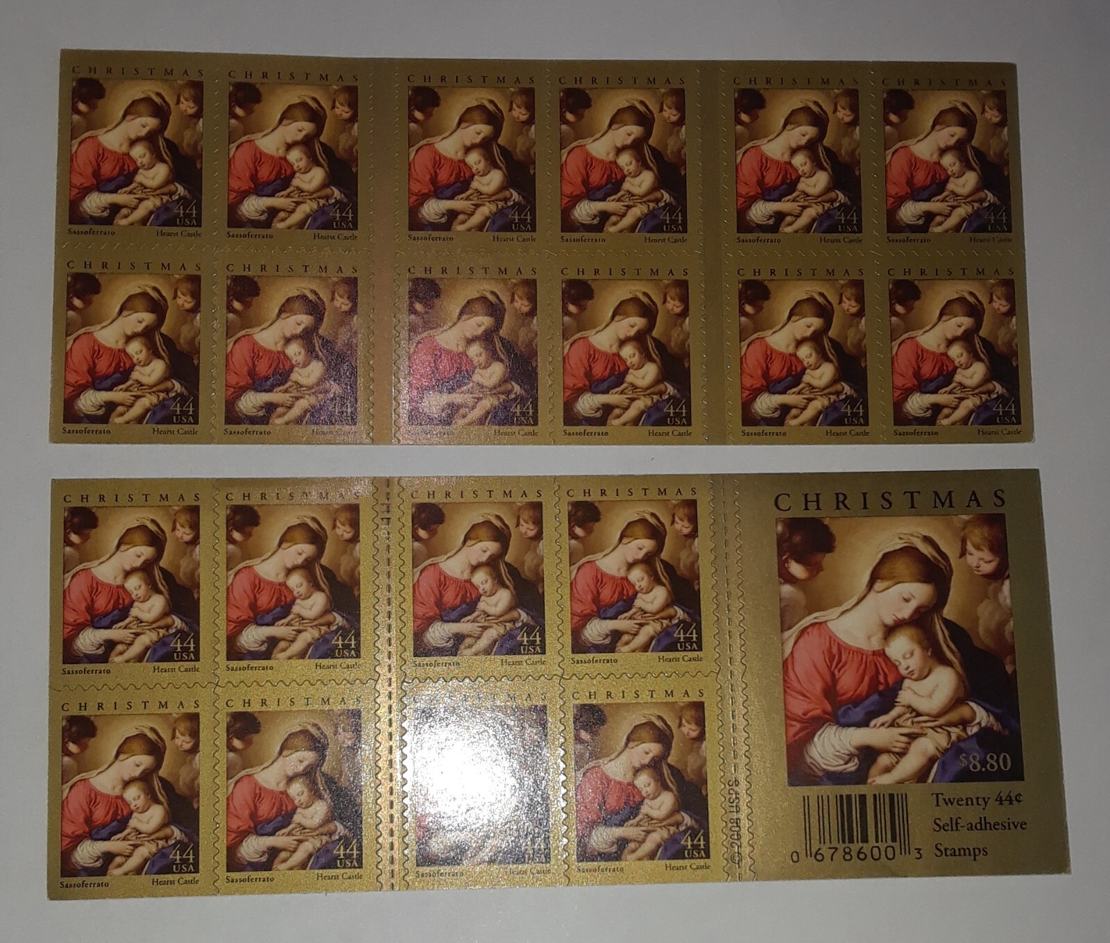 Two x 20 = 40 of MADONNA & CHILD 44¢ US Christmas Stamps by Sassoferrato 4424a