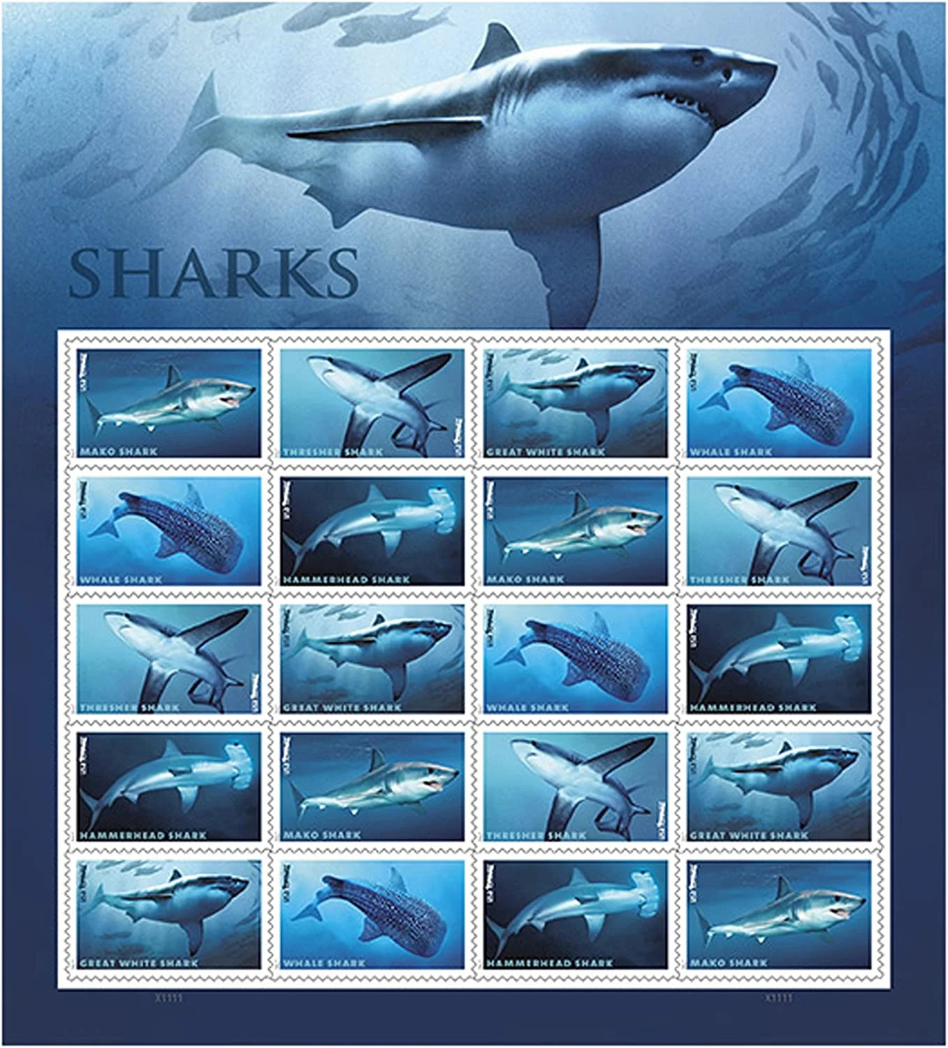 USPS Sharks One Sheet Forever Stamps – Sheet of 20 First Class Forever Stamps