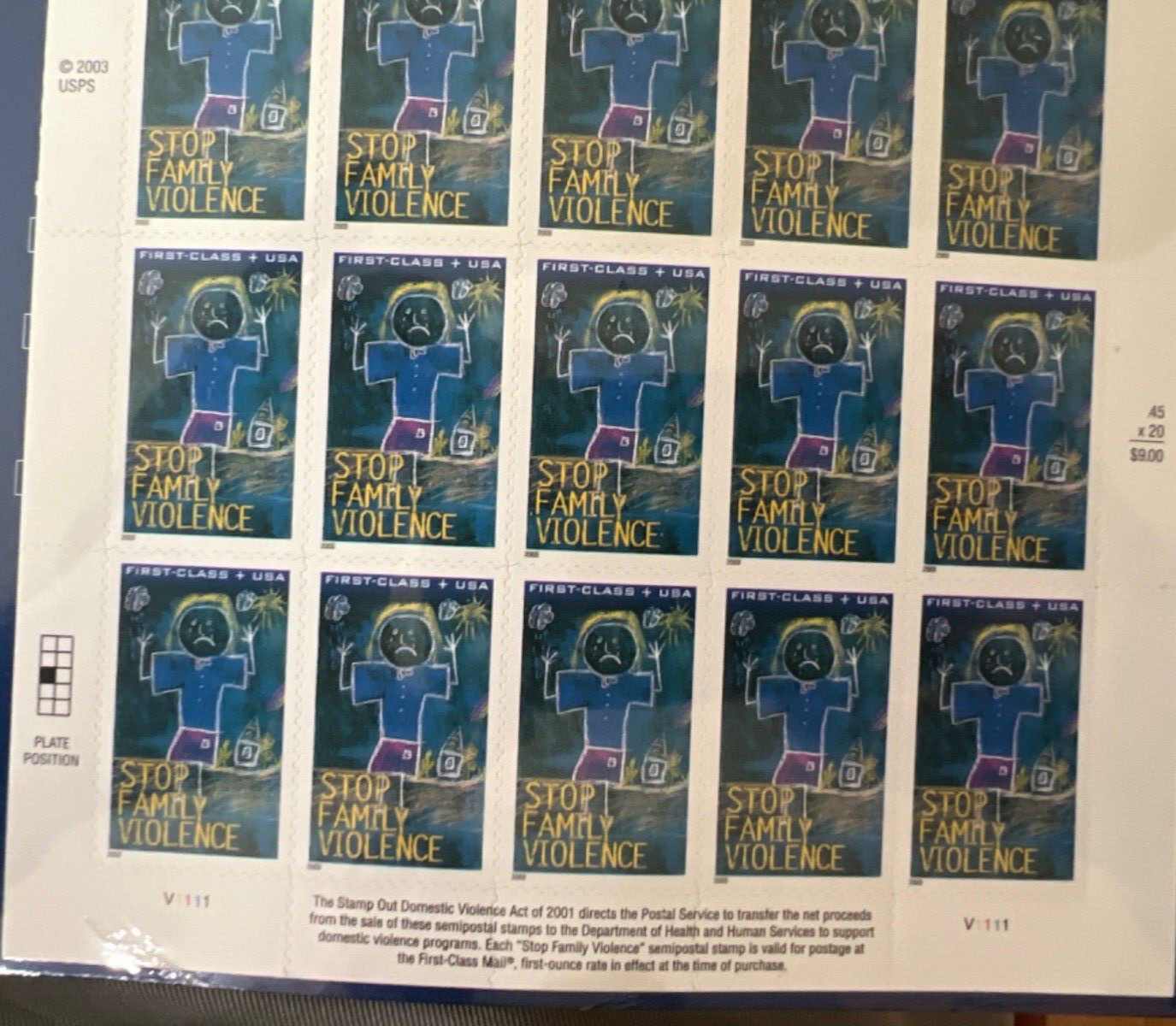See Photos. US Stamp Scott # B3 Sheet of 20 – STOP FAMILY VIOLENCE – MNH