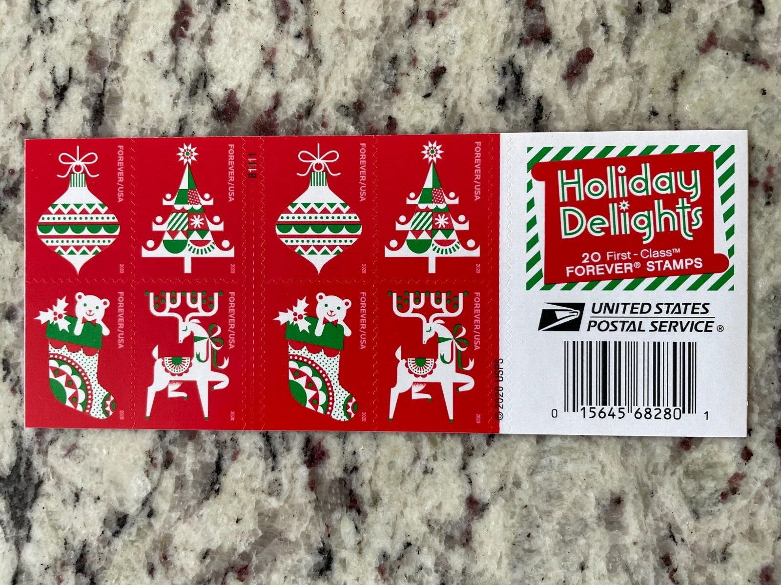 Holiday Delights Booklet of 20 Stamps Ornaments, Stockings Christmas Tree