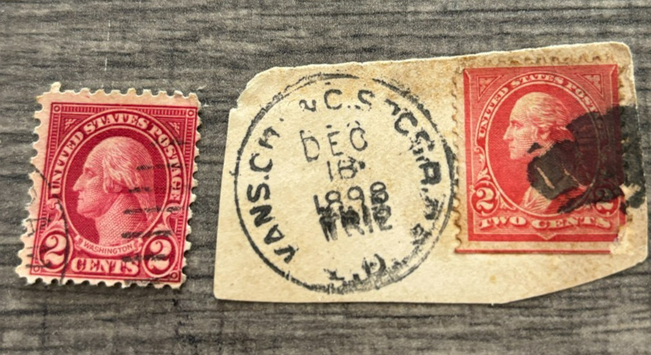 lot of 2 Stamps 1-1898 RED GEORGE WASHINGTON 2 CENT STAMP +1- 1920 USED US1898