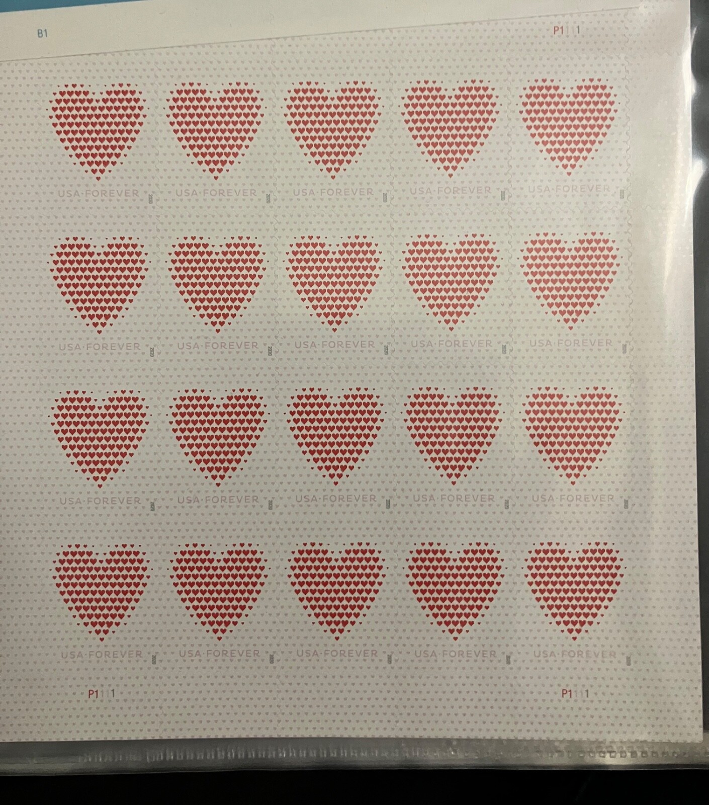Hearts 20 count USA Forever stamps-NEVER USED