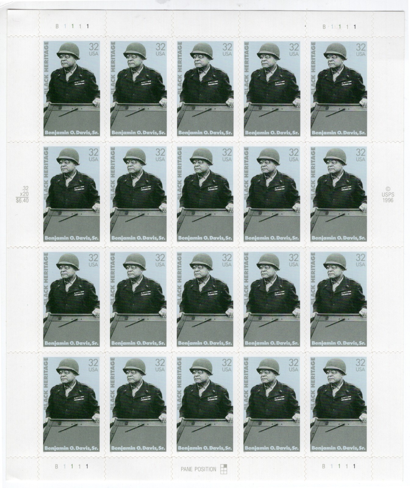US 1997 SC 3121 32c Black Heritage, Benjamin O. Davis, Sr. Sheet of 20 MNH Fresh
