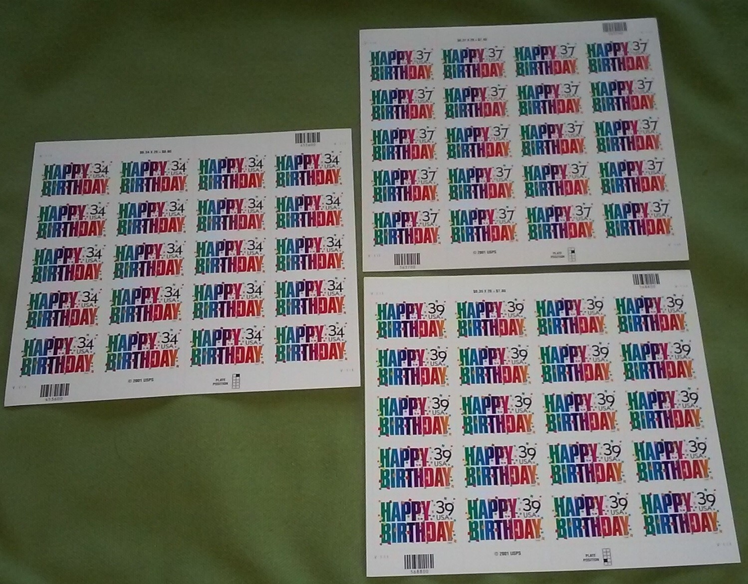 Combo 1 each of HAPPY BIRTHDAY 34¢, 37¢, 39¢ US Postage Stamps 3558, 3695, 4079