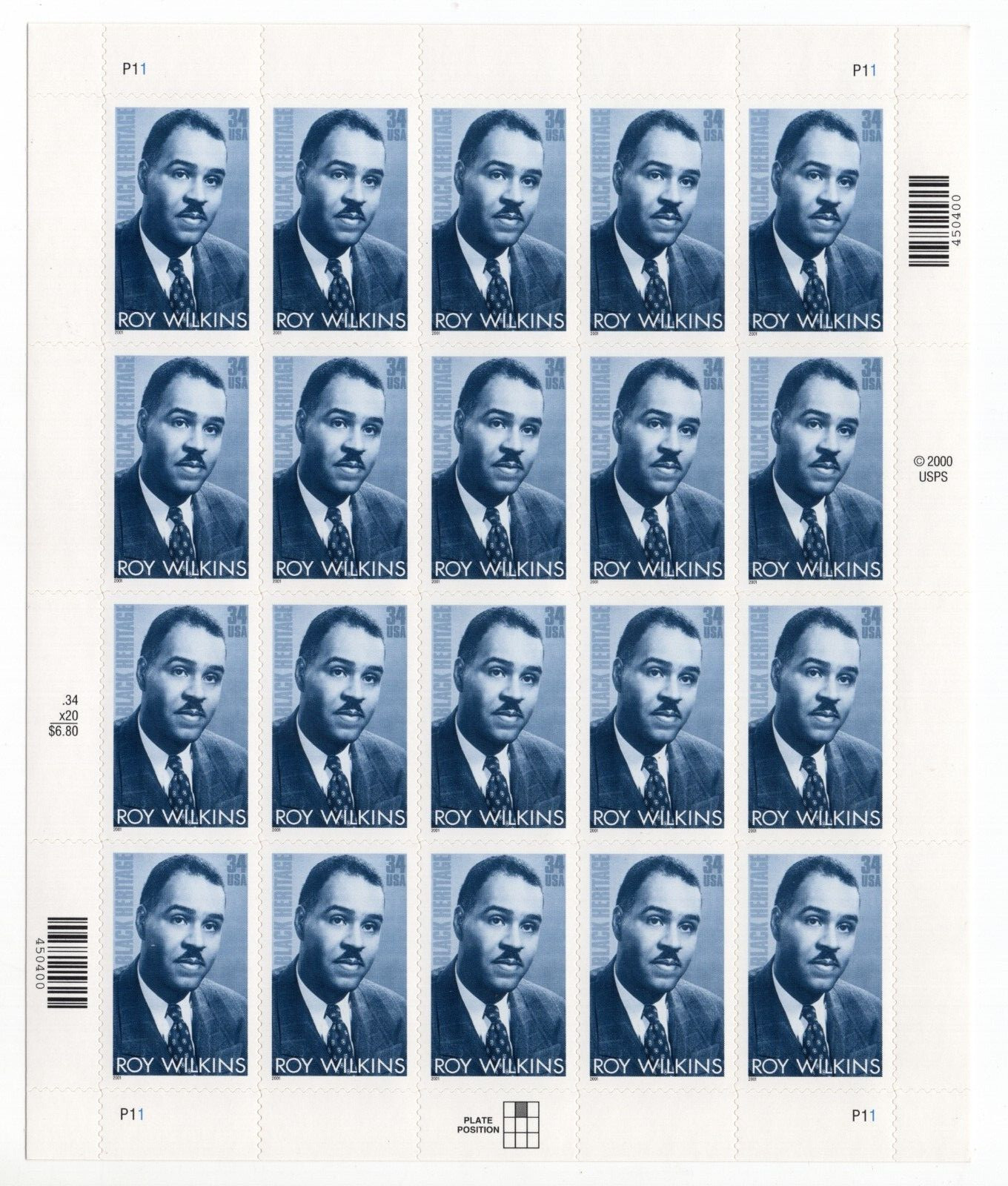 US 2002 SC 3501 34c Black Heritage Roy Wilkins, Leader – Sheet of 20 MNH