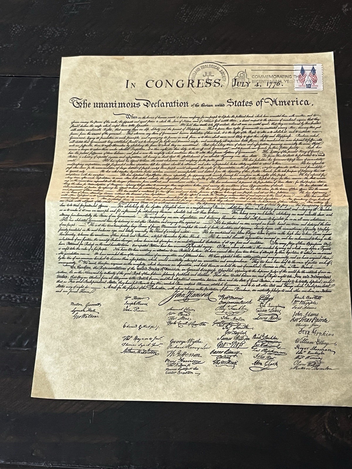 Declaration of Independence postally canceled 4 July 1976 Cleveland Zoological
