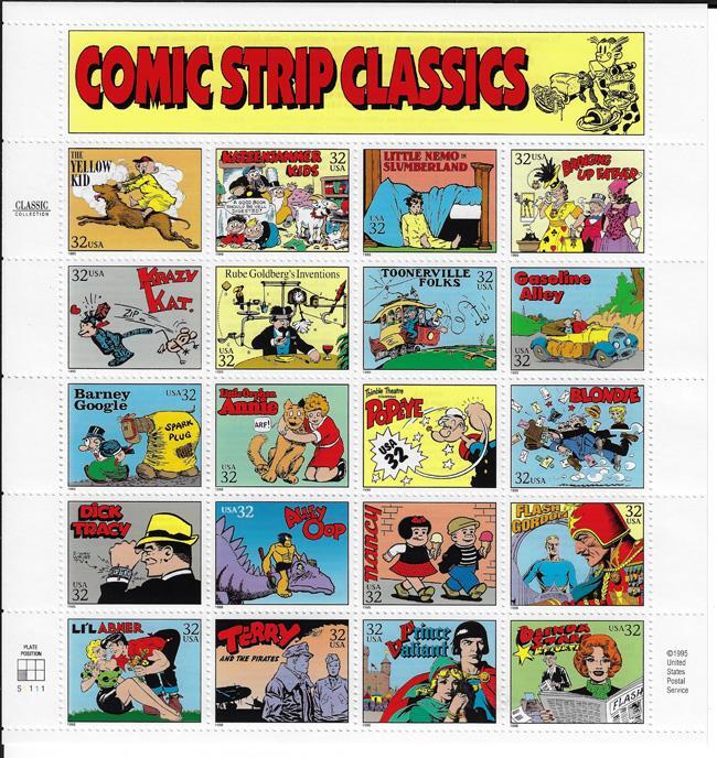 US SCOTT 3000 COMIC STRIP CLASSICS SHEET (PANE) OF 20 STAMPS 32 CENTS FACE MNH