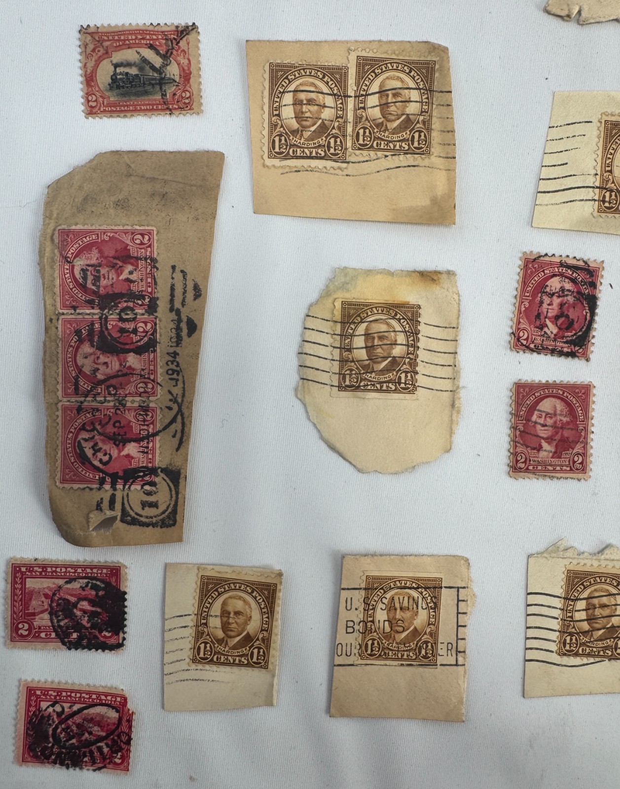 Vintage U.S. Postage Stamp Kiloware Lot on Paper Harding 1 half, Washington 2c