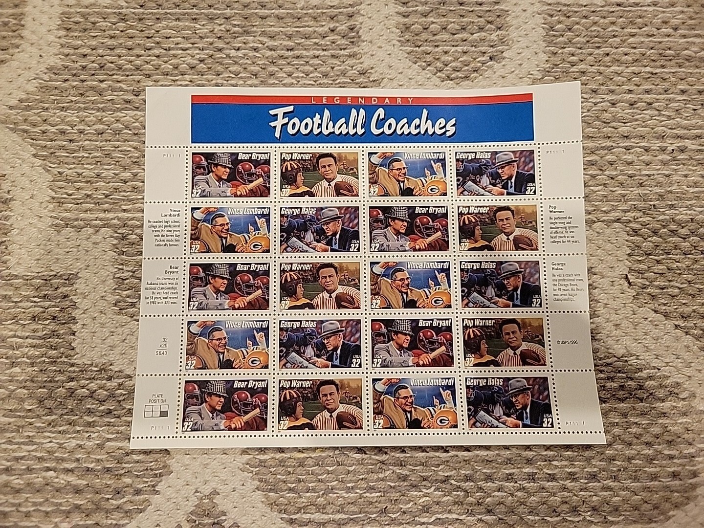 MNH VTG 1996 USPS NFL Legendary Football Coaches 32 Cent 20 Sheet Stamps NT22